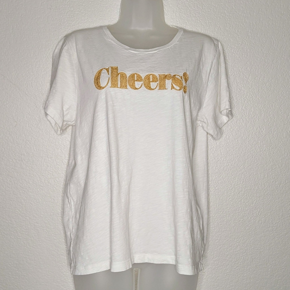 J. Crew Factory White Tee with Gold 'Cheers!' Print Women's XL - Picture 11 of 11